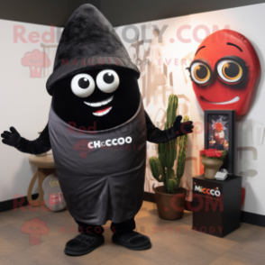 Black Enchiladas mascot costume character dressed with a Chinos and Lapel pins