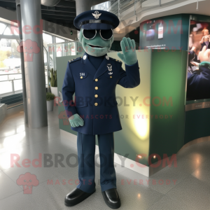 Green Navy Soldier mascot costume character dressed with a Suit Jacket and Cufflinks