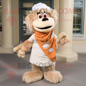 Beige Jambalaya mascot costume character dressed with a Polo Shirt and Scarves