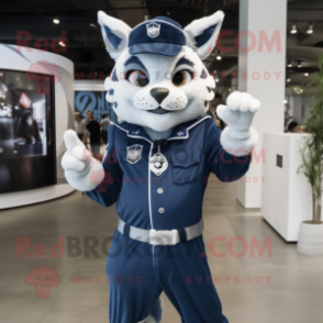 Navy Lynx mascot costume character dressed with a Overalls and Cufflinks