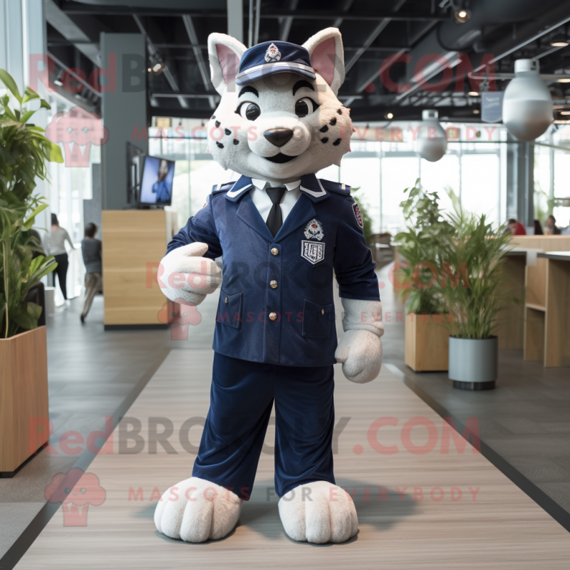 Navy Lynx mascot costume character dressed with a Overalls and Cufflinks