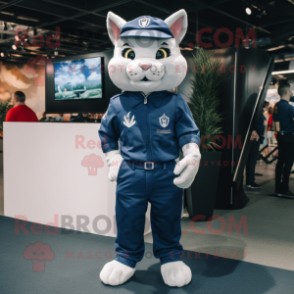 Navy Lynx mascot costume character dressed with a Overalls and Cufflinks