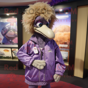 Purple Emu mascot costume character dressed with a Windbreaker and Tie pins