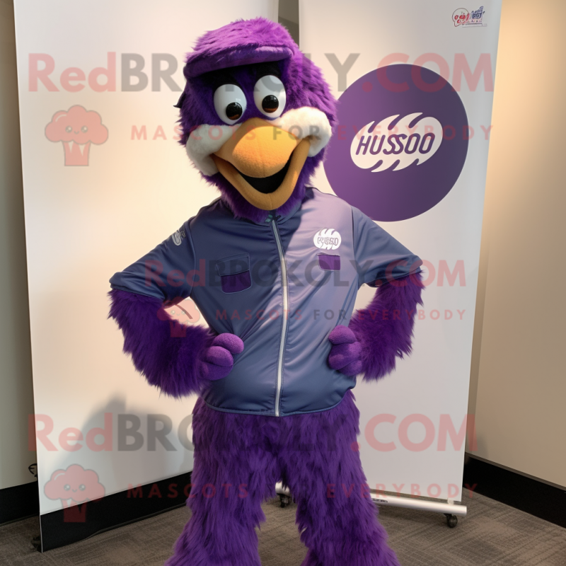 Purple Emu mascot costume character dressed with a Windbreaker and Tie pins