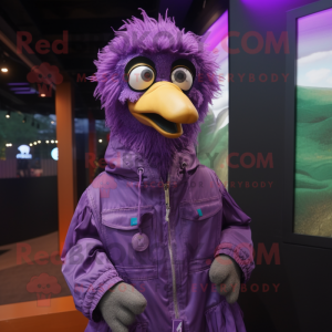 Purple Emu mascot costume character dressed with a Windbreaker and Tie pins