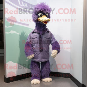Purple Emu mascot costume character dressed with a Windbreaker and Tie pins