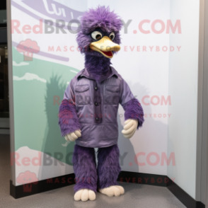 Purple Emu mascot costume character dressed with a Windbreaker and Tie pins