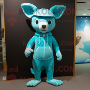 Cyan Kangaroo mascot costume character dressed with a One-Piece Swimsuit and Beanies