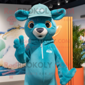 Cyan Kangaroo mascot costume character dressed with a One-Piece Swimsuit and Beanies