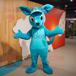 Cyan Kangaroo mascot costume character dressed with a One-Piece Swimsuit and Beanies