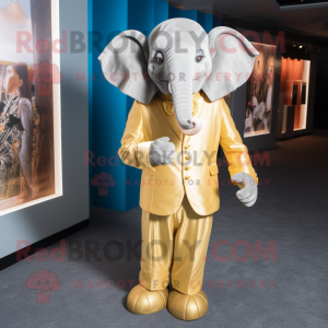 Gold Elephant mascot costume character dressed with a Suit and Earrings