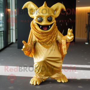 Gold Demon mascot costume character dressed with a Wrap Dress and Scarf clips