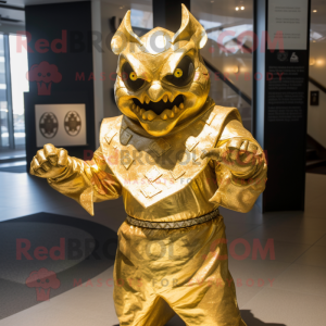 Gold Demon mascot costume character dressed with a Wrap Dress and Scarf clips