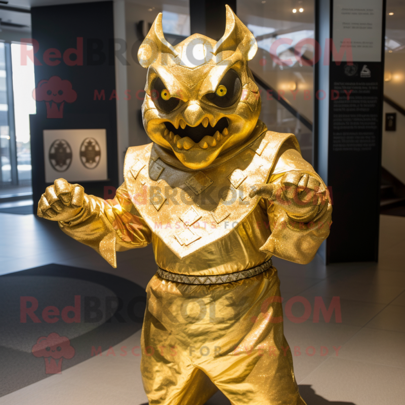 Gold Demon mascot costume character dressed with a Wrap Dress and Scarf clips Gold Demon mascot costume character dressed with a Wrap Dress and Scarf clips