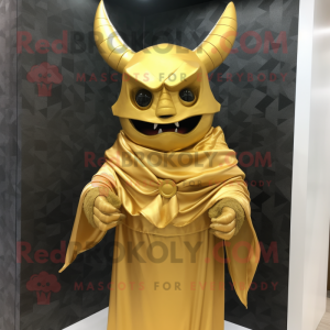 Gold Demon mascot costume character dressed with a Wrap Dress and Scarf clips