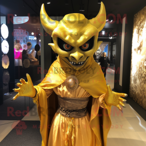 Gold Demon mascot costume character dressed with a Wrap Dress and Scarf clips