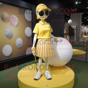 Yellow Golf Ball mascot costume character dressed with a Mini Skirt and Bracelet watches