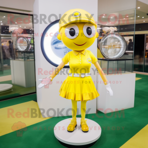 Yellow Golf Ball mascot costume character dressed with a Mini Skirt and Bracelet watches