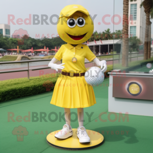 Yellow Golf Ball mascot costume character dressed with a Mini Skirt and Bracelet watches