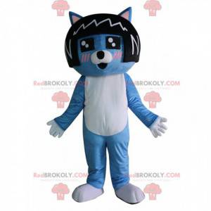 Mascotte de chat bleu avec une perruque noire sur la tête -