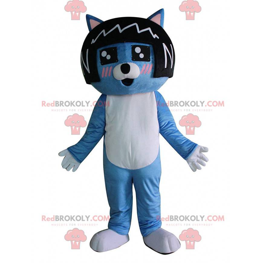 Mascotte blauwe kat met een zwarte pruik op zijn hoofd -