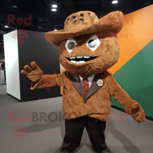 Brown Nachos mascot costume character dressed with a Suit Jacket and Beanies