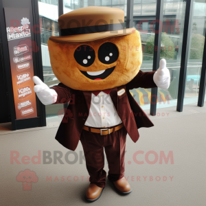 Brown Nachos mascot costume character dressed with a Suit Jacket and Beanies