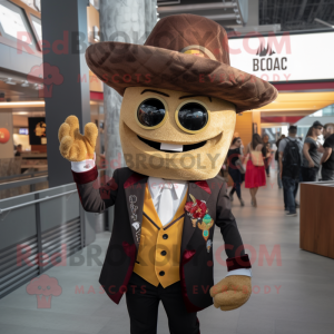 Brown Nachos mascot costume character dressed with a Suit Jacket and Beanies