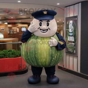 Navy Melon mascot costume character dressed with a Playsuit and Gloves