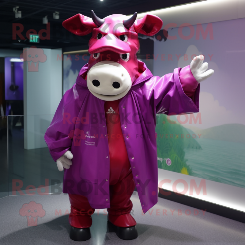 Magenta Cow mascot costume character dressed with a Raincoat and Ties