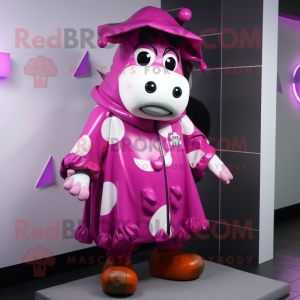 Magenta Cow mascot costume character dressed with a Raincoat and Ties