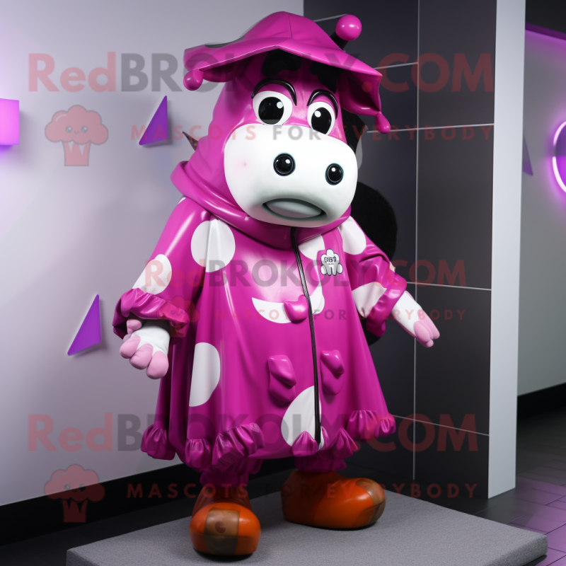 Magenta Cow mascot costume character dressed with a Raincoat and Ties Magenta Cow mascot costume character dressed with a Raincoat and Ties