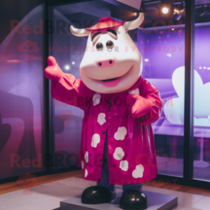 Magenta Cow mascot costume character dressed with a Raincoat and Ties