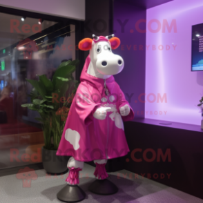 Magenta Cow mascot costume character dressed with a Raincoat and Ties