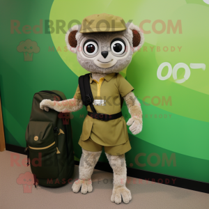 Olive Lemur mascot costume character dressed with a Pencil Skirt and Messenger bags