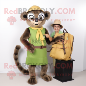 Olive Lemur mascot costume character dressed with a Pencil Skirt and Messenger bags