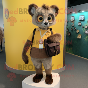 Olive Lemur mascot costume character dressed with a Pencil Skirt and Messenger bags
