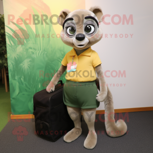 Olive Lemur mascot costume character dressed with a Pencil Skirt and Messenger bags