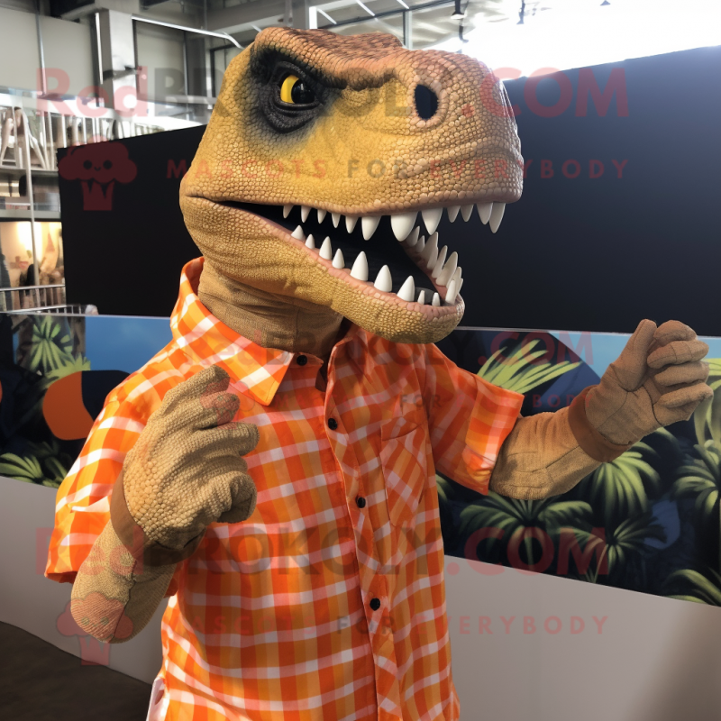 Orange Allosaurus mascot costume character dressed with a Button-Up Shirt and Necklaces