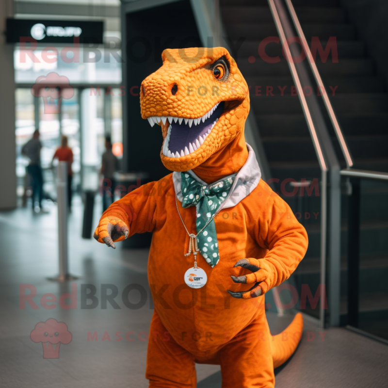Orange Allosaurus mascot costume character dressed with a Button-Up Shirt and Necklaces Orange Allosaurus mascot costume character dressed with a Button-Up Shirt and Necklaces