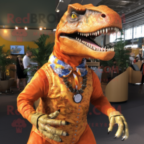 Orange Allosaurus mascot costume character dressed with a Button-Up Shirt and Necklaces