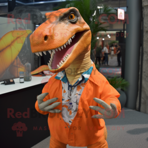 Orange Allosaurus mascot costume character dressed with a Button-Up Shirt and Necklaces