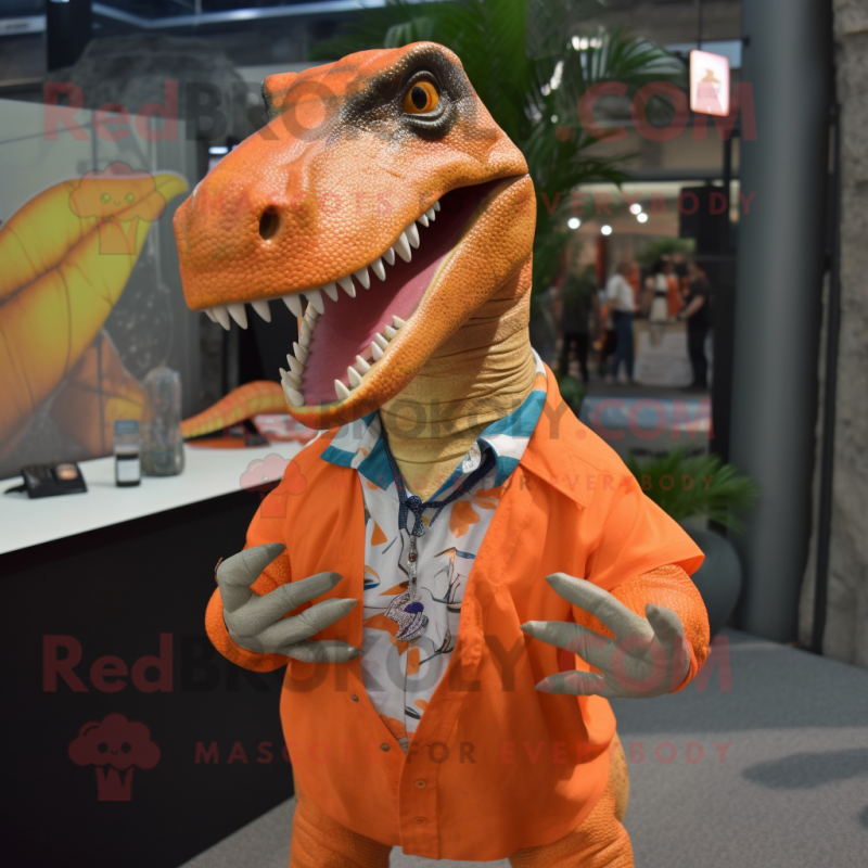 Orange Allosaurus mascot costume character dressed with a Button-Up Shirt and Necklaces