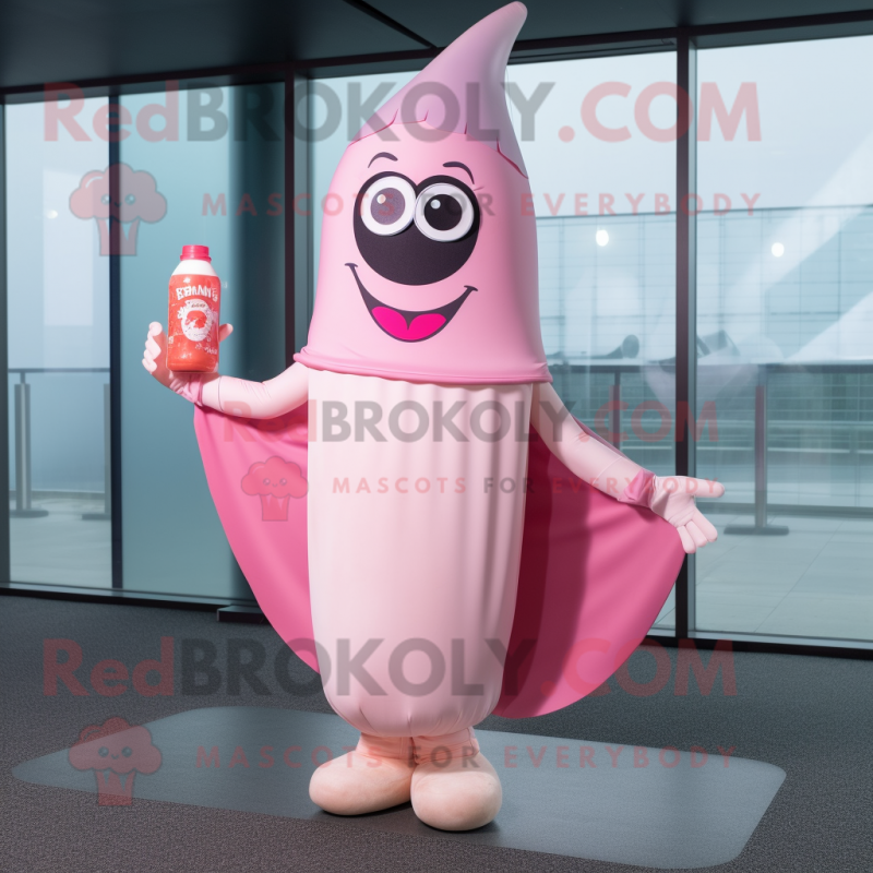 Pink Bottle Of Milk mascot costume character dressed with a Bikini and Shawl pins