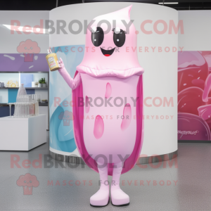 Pink Bottle Of Milk mascot costume character dressed with a Bikini and Shawl pins