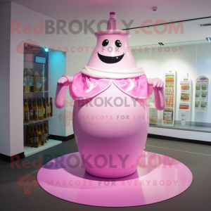 Pink Bottle Of Milk mascot costume character dressed with a Bikini and Shawl pins