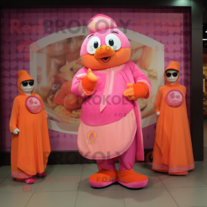 Pink Mandarin mascot costume character dressed with a Vest and Coin purses