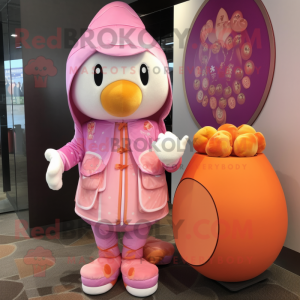 Pink Mandarin mascot costume character dressed with a Vest and Coin purses