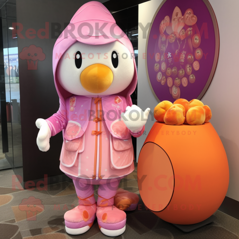Pink Mandarin mascot costume character dressed with a Vest and Coin purses Pink Mandarin mascot costume character dressed with a Vest and Coin purses