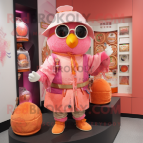 Pink Mandarin mascot costume character dressed with a Vest and Coin purses